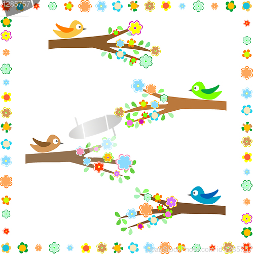 Image of Birds sitting on different tree branches with flower decor