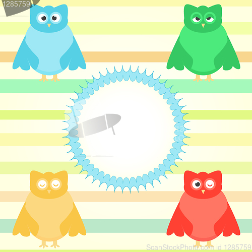 Image of cute cartoon owl set on colorful background