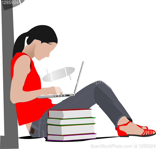 Image of Sitting girl with laptop and book`s column. Back to school. Vect