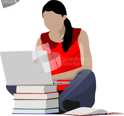 Image of Sitting girl with laptop and book`s column. Back to school. Vect