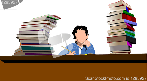 Image of Sitting boy between book`s column. Back to school. Vector illust