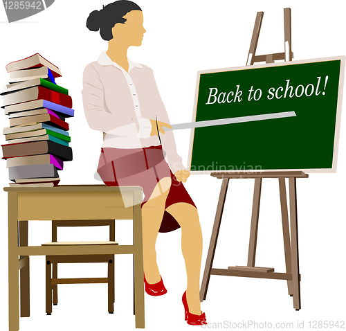 Image of Woman teacher in classroom. Back to school. Vector illustration