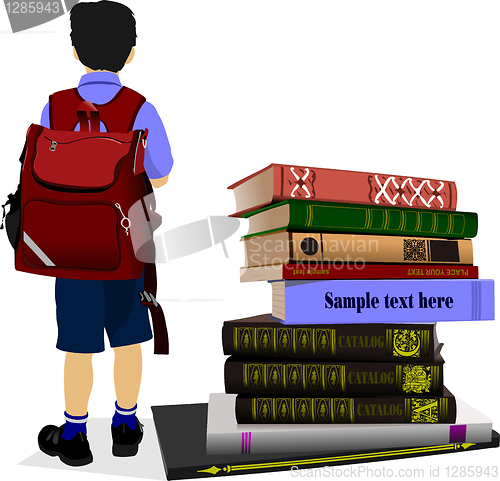 Image of  Schoolboy and column books. Vector illustration