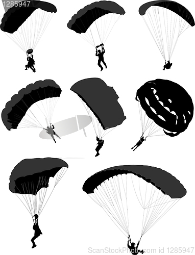 Image of Big set of parachutists in flight