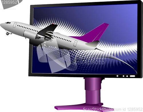 Image of Blue dotted background with Flat computer monitor with passenger