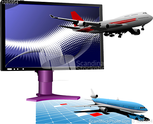 Image of Blue dotted background with Flat computer monitor with passenger