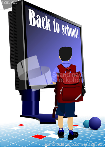 Image of Schoolboy  going to school.. Back to school.  Monitor and books.
