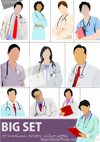 Image of Big set of Medical doctor silhouettes with stethoscope. Vector i