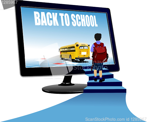 Image of Schoolboy upstairs to school bus. Back to school. Vector illustr