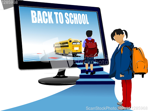 Image of School boy and school girl  upstairs to school bus. Back to scho