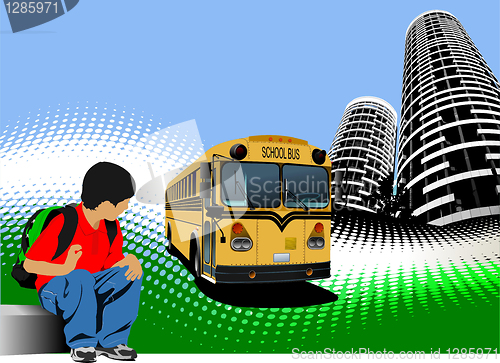 Image of School boy is waiting for school bus. Back to school. Vector ill