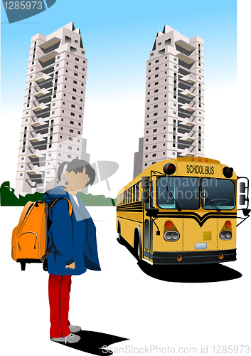 Image of Dormitory and school bus. School girl. Back to school. Vector il