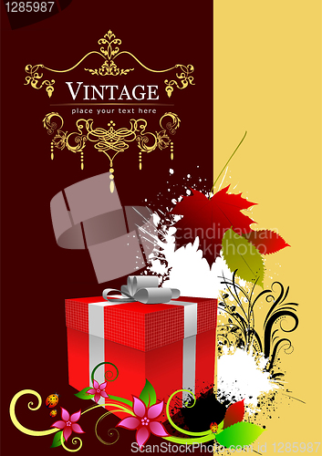 Image of Cover for brochure with red gift box and autumn red leaf 