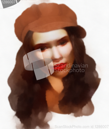 Image of Young girl with brown hat portrait painting