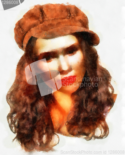 Image of Young girl with brown hat water color painting