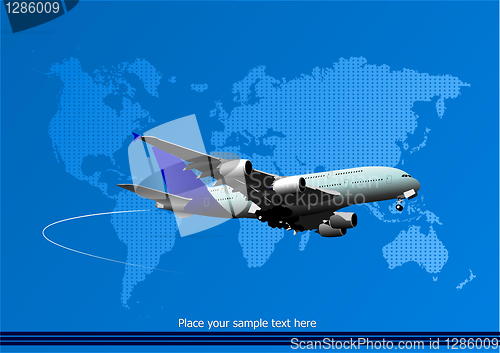 Image of Blue abstract background with passenger plane and world map imag