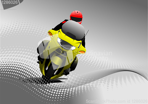 Image of Biker on the road on gray doitted bacjground. Vector illustratio