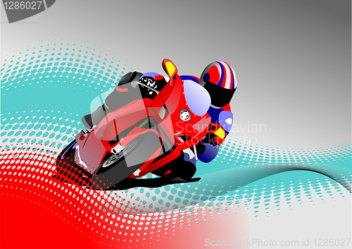 Image of Biker on the road on gray doitted bacjground. Vector illustratio