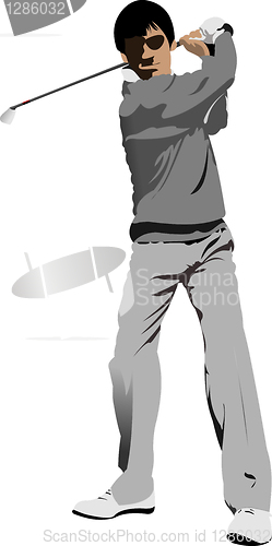 Image of Golfer hitting ball with iron club. Vector illustration