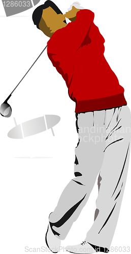 Image of Golfer hitting ball with iron club. Vector illustration