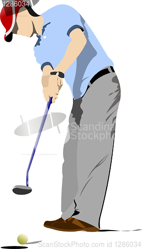 Image of Golfer hitting ball with iron club. Vector illustration