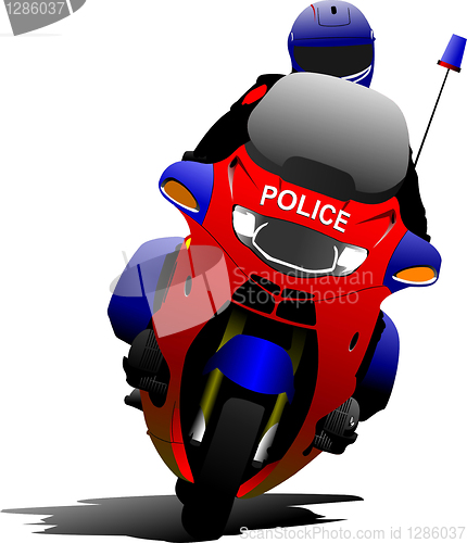 Image of Policeman on police motorcycle on the road. Vector illustration