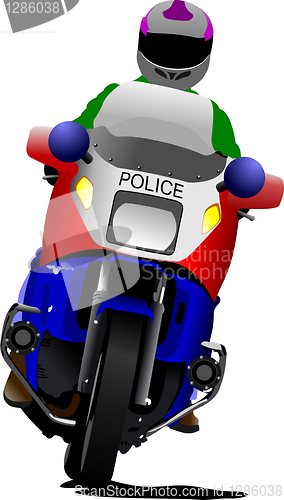 Image of Policeman on police motorcycle on the road. Vector illustration