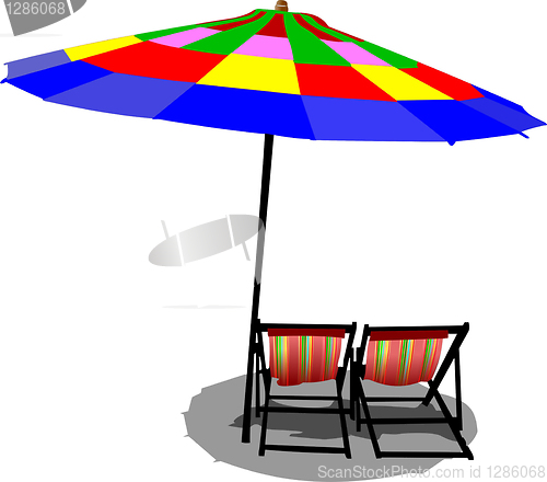 Image of Two beach chairs and colored umbrella on beach