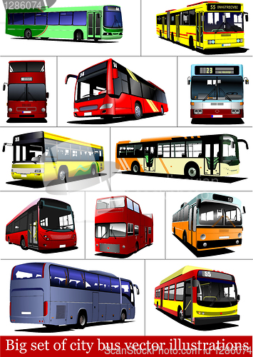 Image of Big set of City buses. Tourist coach. Vector illustration for de