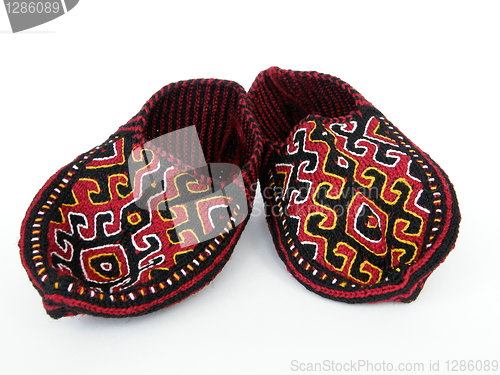 Image of Turkmen traditional colorful hand-knitted slippers