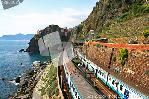 Image of Italy. Cinque Terre. Train at station Manarola 