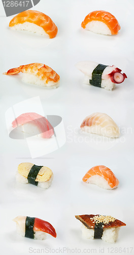 Image of assortment of traditional japanese sushi on white background 
