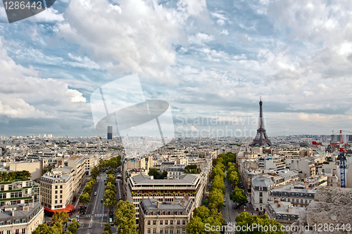 Image of  Paris arial view with Eiffel Tower and cloudy sky