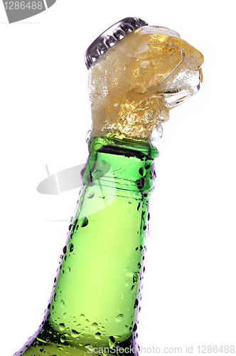 Image of Beer being poured from a bottle over white