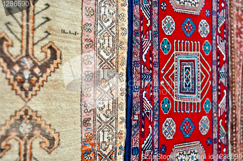 Image of colored wool handmade carpets closeup