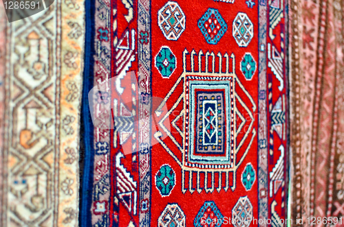 Image of colored wool handmade carpets closeup