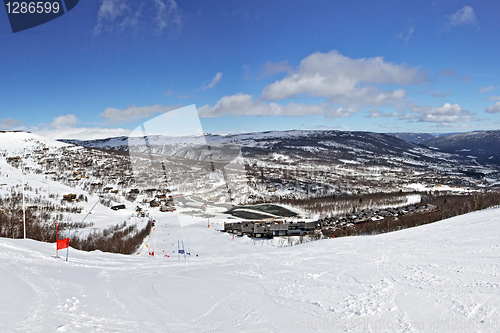 Image of Panoramic view of ski route in bright winter day