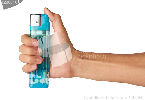 Image of blue lighter in hand