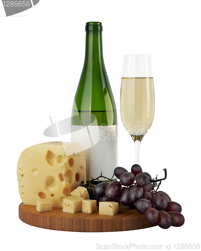 Image of Bottle and glass of white wine with cheese