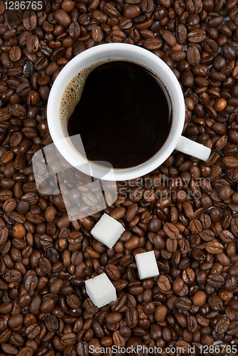 Image of Coffee cup with sugar on roasted beans