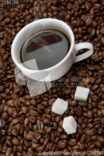 Image of Coffee cup with sugar on roasted beans