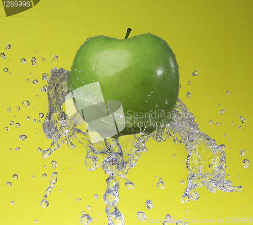 Image of Green apple on yellow background