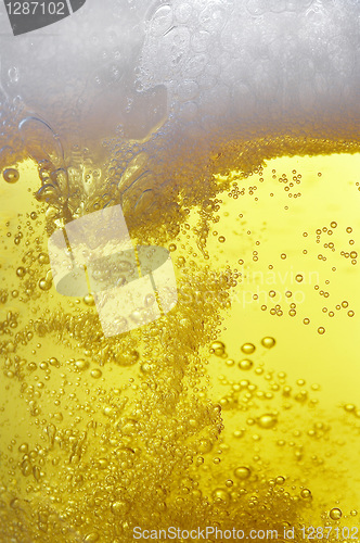 Image of lots of bubbles floating in a beer with froth on top