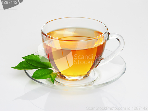 Image of Cup with tea and green leaf