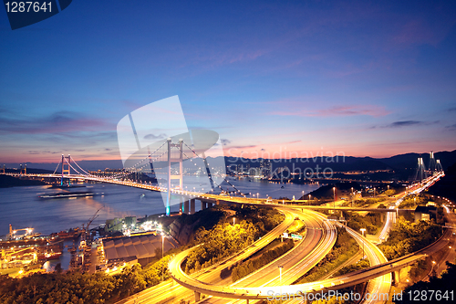 Image of Beautiful night scenes of Tsing Ma Bridge in Hong Kong. 