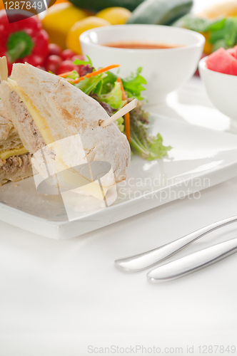 Image of tuna and cheese sandwich with salad