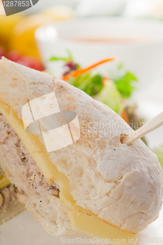Image of tuna and cheese sandwich with salad