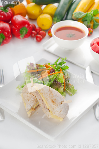 Image of tuna and cheese sandwich with salad