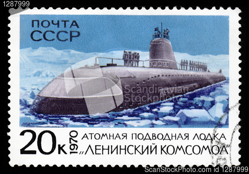 Image of ussr post stamp shows atomic submarine