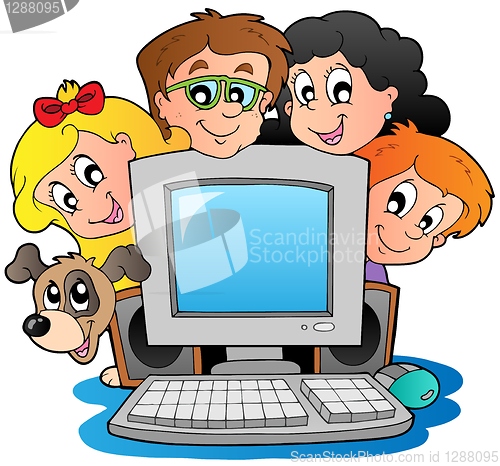 Image of Computer with cartoon kids and dog